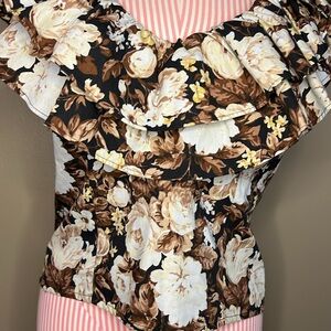 NWT Abercrombie & Fitch Black Brown poplin Floral Ruffle top crop blouse - L